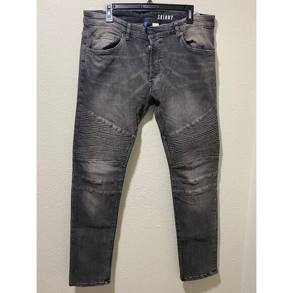 H&M Divided Skinny Jeans Mens 36 Gray Washed Biker Moto Ribbed Stretch Denim - Picture 6 of 13